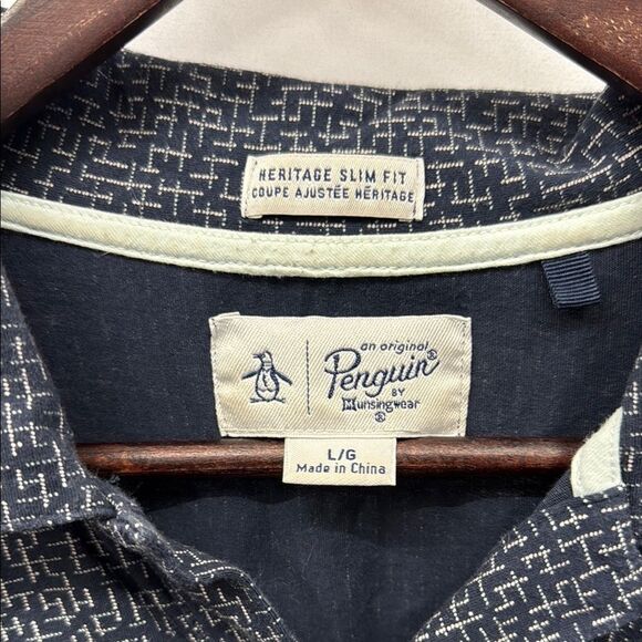 Original Penguin Men's Navy Blue Patterned Polo Shirt Sz Large - Picture 3 of 4